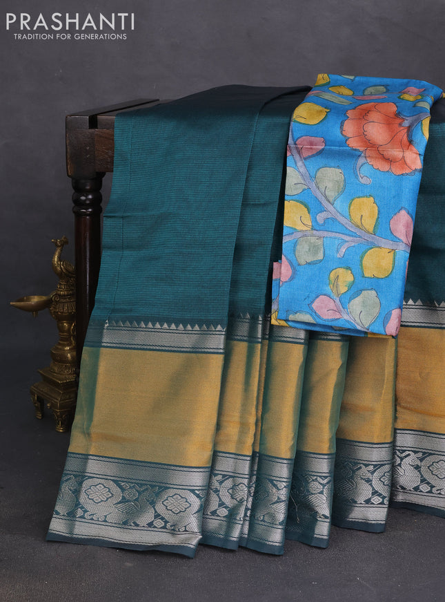 Mangalgiri silk cotton saree peacock green and cs blue with plain body and long rettapet silver zari woven border