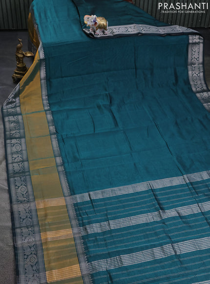 Mangalgiri silk cotton saree peacock green and cs blue with plain body and long rettapet silver zari woven border