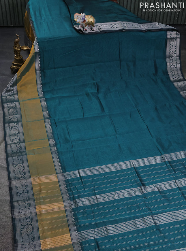 Mangalgiri silk cotton saree peacock green and cs blue with plain body and long rettapet silver zari woven border