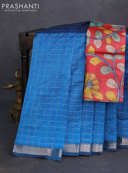 Mangalgiri silk cotton saree cs blue and maroon with allover zari checked pattern and silver zari woven border