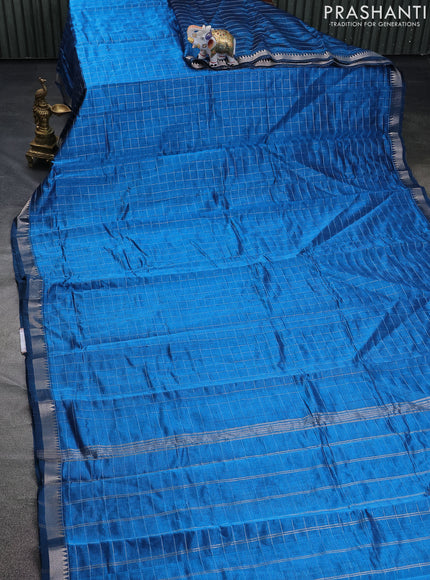 Mangalgiri silk cotton saree cs blue and maroon with allover zari checked pattern and silver zari woven border