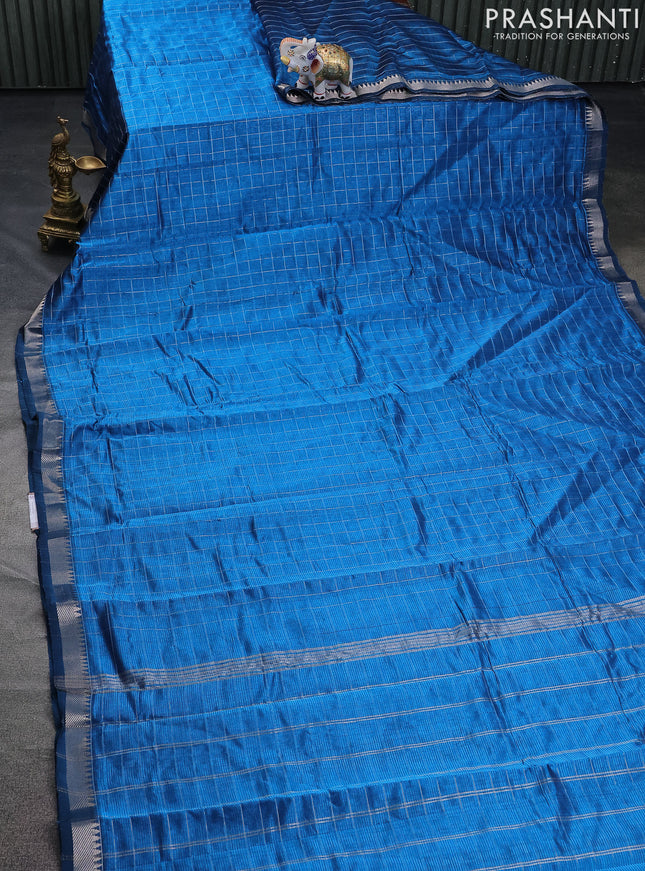 Mangalgiri silk cotton saree cs blue and maroon with allover zari checked pattern and silver zari woven border