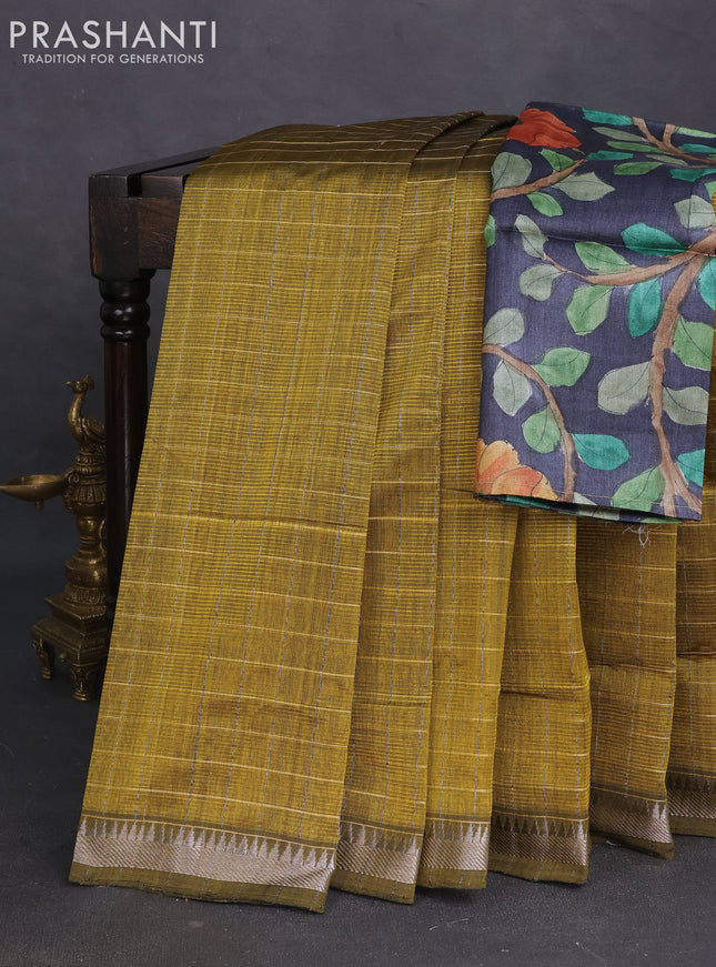 Mangalgiri silk cotton saree mehendi green and elephant grey with allover zari checked pattern and silver zari woven border