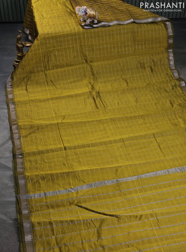 Mangalgiri silk cotton saree mehendi green and elephant grey with allover zari checked pattern and silver zari woven border