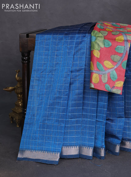 Mangalgiri silk cotton saree cs blue and maroon with allover zari checked pattern and silver zari woven border