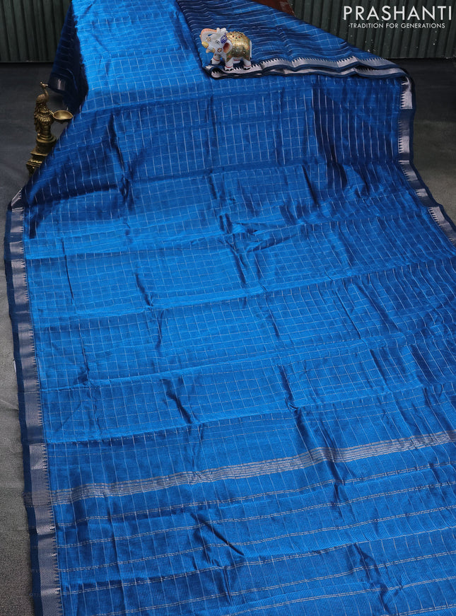 Mangalgiri silk cotton saree cs blue and maroon with allover zari checked pattern and silver zari woven border