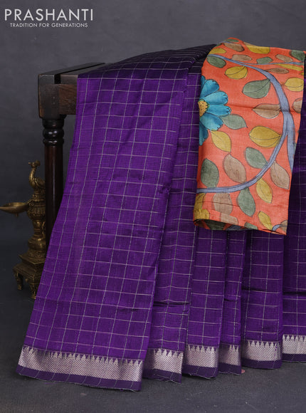 Mangalgiri silk cotton saree violet and rustic orange with allover zari checked pattern and silver zari woven border