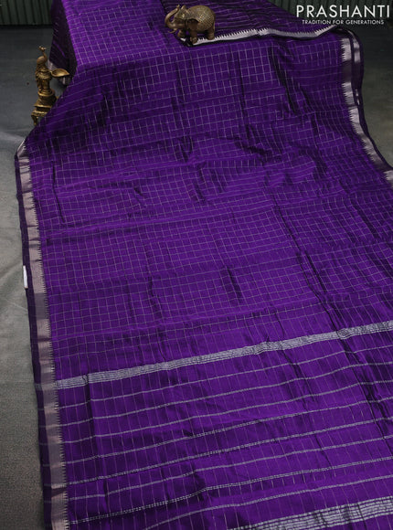 Mangalgiri silk cotton saree violet and rustic orange with allover zari checked pattern and silver zari woven border
