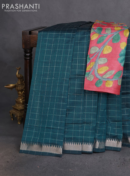 Mangalgiri silk cotton saree peacock green and maroon with allover zari checked pattern and silver zari woven border