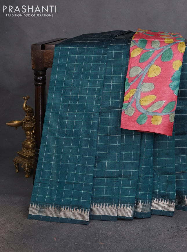 Mangalgiri silk cotton saree peacock green and maroon with allover zari checked pattern and silver zari woven border