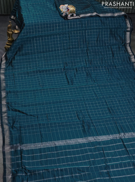 Mangalgiri silk cotton saree peacock green and maroon with allover zari checked pattern and silver zari woven border