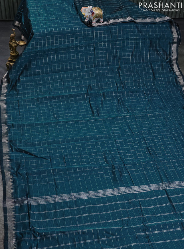 Mangalgiri silk cotton saree peacock green and maroon with allover zari checked pattern and silver zari woven border