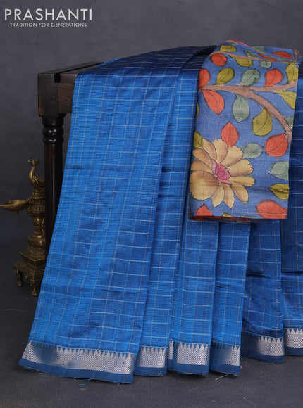 Mangalgiri silk cotton saree cs blue and blue with allover zari checked pattern and silver zari woven border