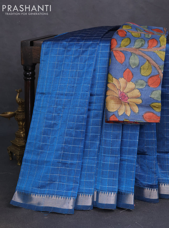 Mangalgiri silk cotton saree cs blue and blue with allover zari checked pattern and silver zari woven border