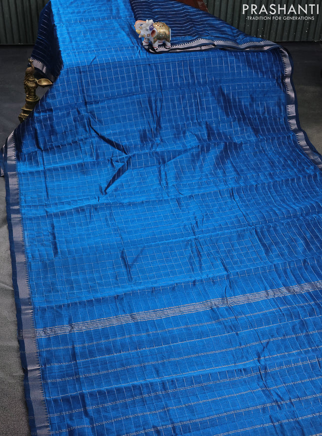 Mangalgiri silk cotton saree cs blue and blue with allover zari checked pattern and silver zari woven border