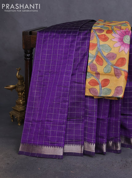 Mangalgiri silk cotton saree violet and mustard yellow with allover zari checked pattern and silver zari woven border