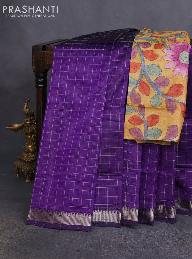 Mangalgiri silk cotton saree violet and mustard yellow with allover zari checked pattern and silver zari woven border