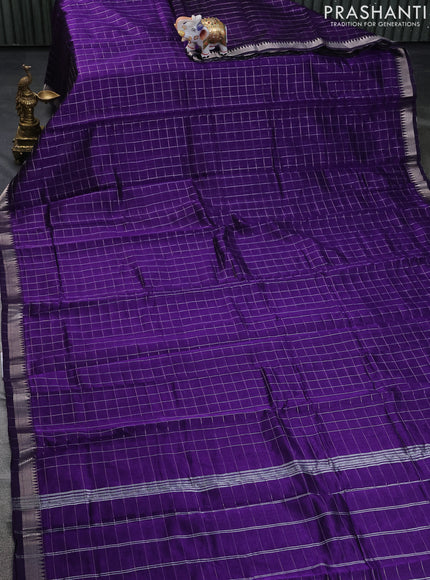Mangalgiri silk cotton saree violet and mustard yellow with allover zari checked pattern and silver zari woven border