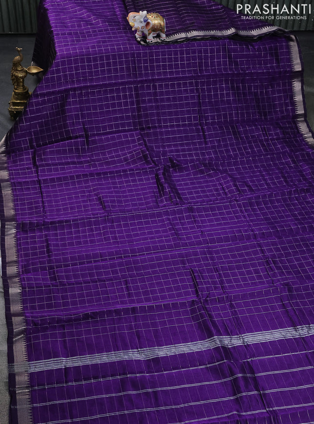 Mangalgiri silk cotton saree violet and mustard yellow with allover zari checked pattern and silver zari woven border