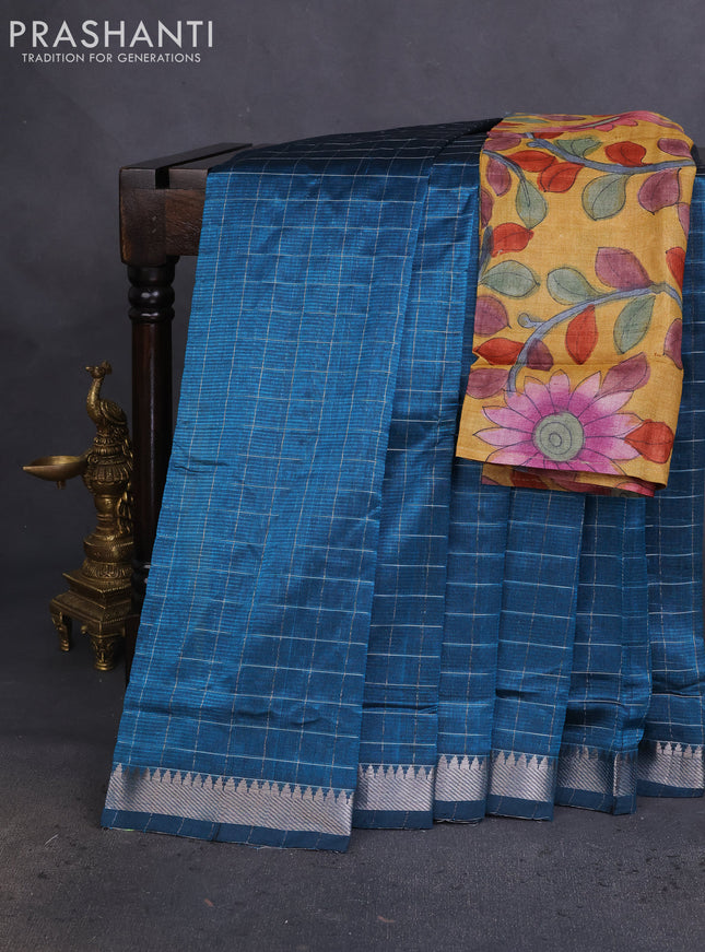 Mangalgiri silk cotton saree peacock blue and mustard yellow with allover zari checked pattern and silver zari woven border