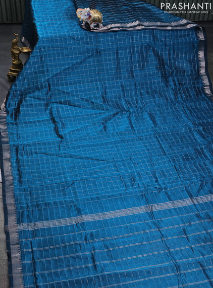Mangalgiri silk cotton saree peacock blue and mustard yellow with allover zari checked pattern and silver zari woven border