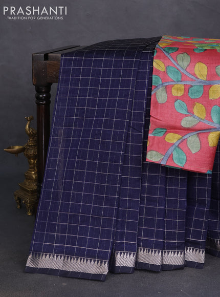 Mangalgiri silk cotton saree navy blue and maroon with allover zari checked pattern and silver zari woven border
