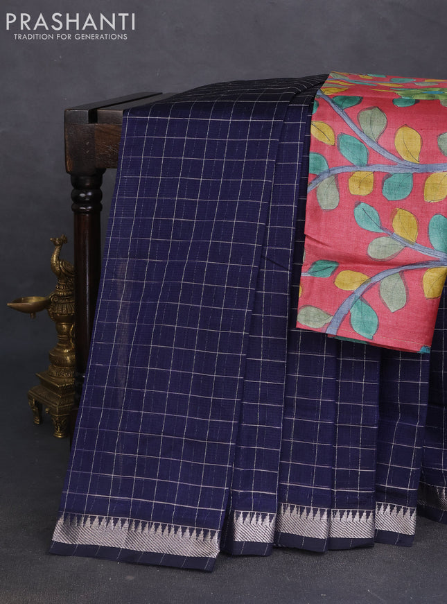 Mangalgiri silk cotton saree navy blue and maroon with allover zari checked pattern and silver zari woven border