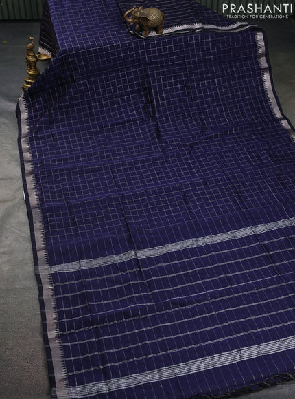 Mangalgiri silk cotton saree navy blue and maroon with allover zari checked pattern and silver zari woven border
