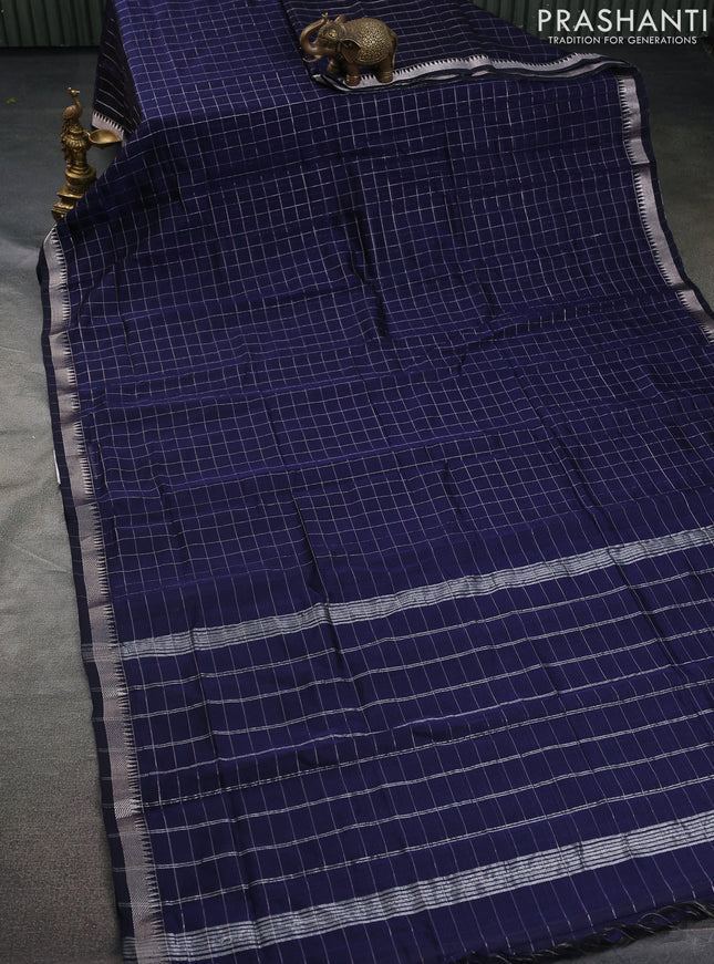 Mangalgiri silk cotton saree navy blue and maroon with allover zari checked pattern and silver zari woven border