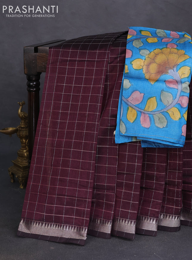 Mangalgiri silk cotton saree wine shade and bluish grey with allover zari checked pattern and silver zari woven border