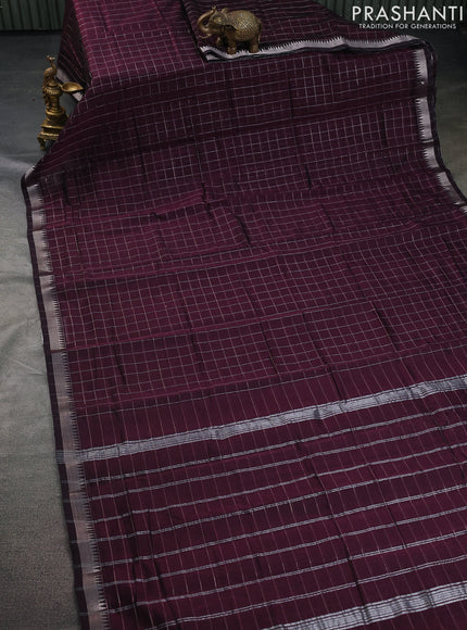 Mangalgiri silk cotton saree wine shade and bluish grey with allover zari checked pattern and silver zari woven border