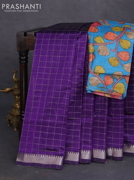 Mangalgiri silk cotton saree violet and cs blue with allover zari checked pattern and silver zari woven border