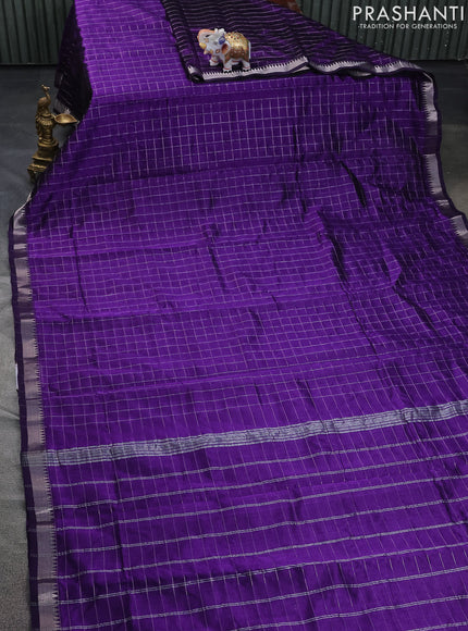 Mangalgiri silk cotton saree violet and cs blue with allover zari checked pattern and silver zari woven border