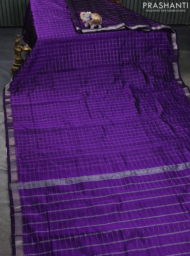 Mangalgiri silk cotton saree violet and cs blue with allover zari checked pattern and silver zari woven border