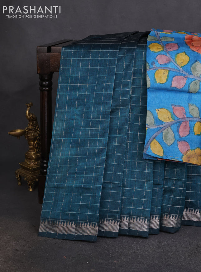 Mangalgiri silk cotton saree peacock green and blue with allover zari checked pattern and silver zari woven border