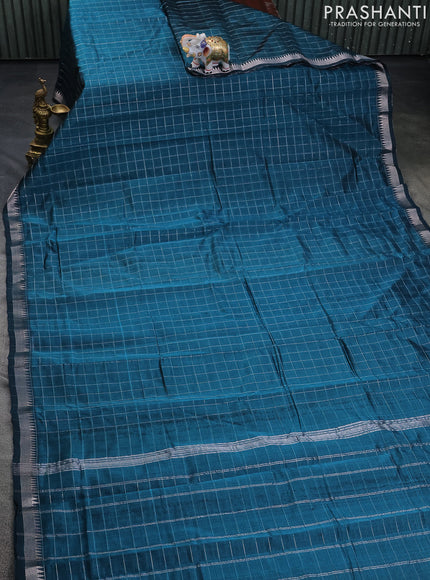 Mangalgiri silk cotton saree peacock green and blue with allover zari checked pattern and silver zari woven border