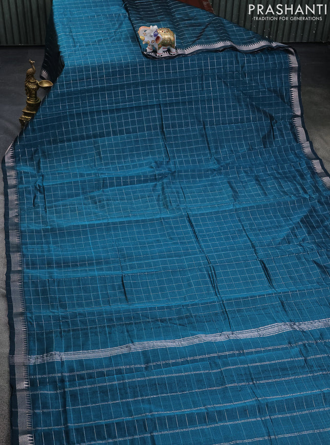 Mangalgiri silk cotton saree peacock green and blue with allover zari checked pattern and silver zari woven border