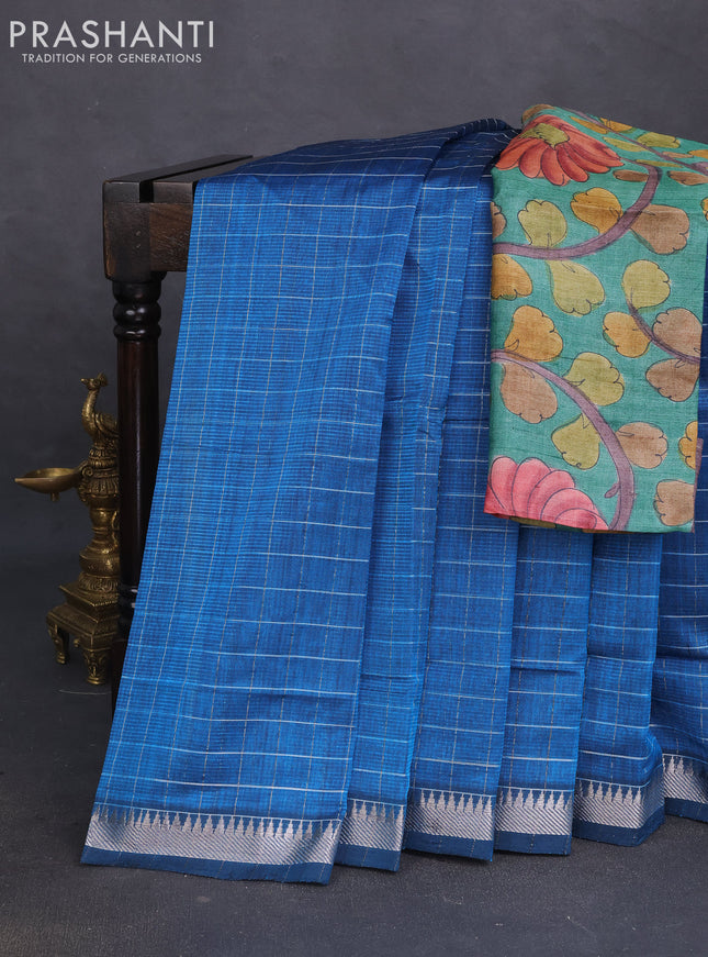 Mangalgiri silk cotton saree cs blue and green with allover zari checked pattern and silver zari woven border