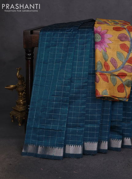 Mangalgiri silk cotton saree peacock blue and mustard yellow with allover zari checked pattern and silver zari woven border