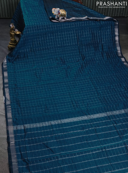 Mangalgiri silk cotton saree peacock blue and mustard yellow with allover zari checked pattern and silver zari woven border
