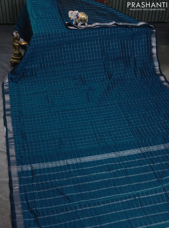 Mangalgiri silk cotton saree peacock blue and mustard yellow with allover zari checked pattern and silver zari woven border