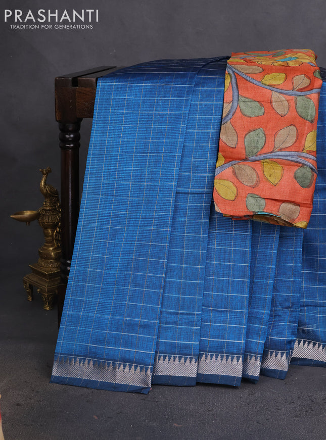 Mangalgiri silk cotton saree cs blue and rustic orange with allover zari checked pattern and silver zari woven border