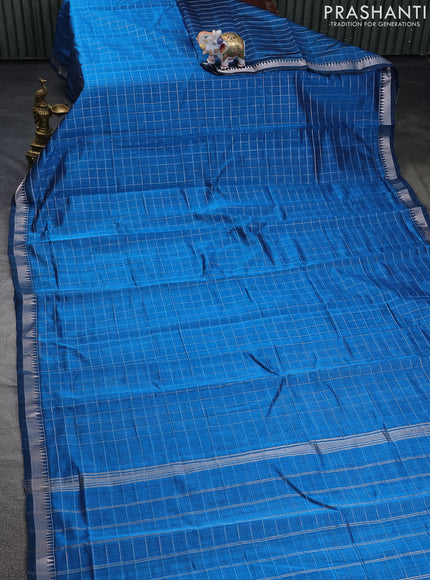 Mangalgiri silk cotton saree cs blue and rustic orange with allover zari checked pattern and silver zari woven border