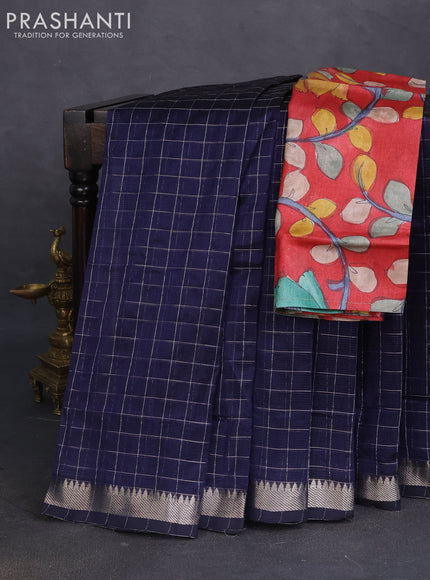 Mangalgiri silk cotton saree navy blue and maroon with allover zari checked pattern and silver zari woven border
