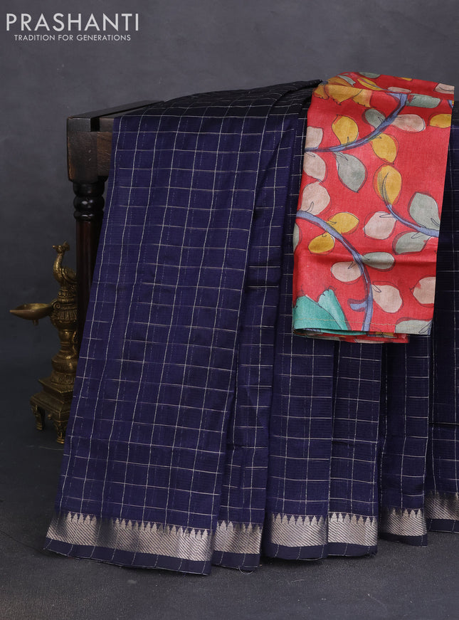 Mangalgiri silk cotton saree navy blue and maroon with allover zari checked pattern and silver zari woven border