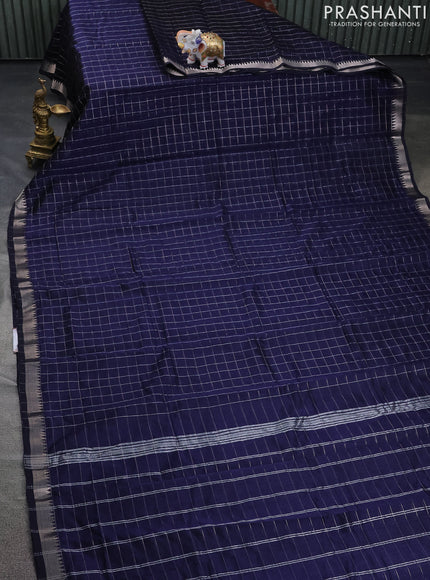 Mangalgiri silk cotton saree navy blue and maroon with allover zari checked pattern and silver zari woven border