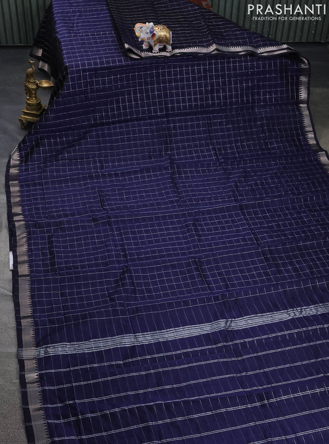 Mangalgiri silk cotton saree navy blue and maroon with allover zari checked pattern and silver zari woven border