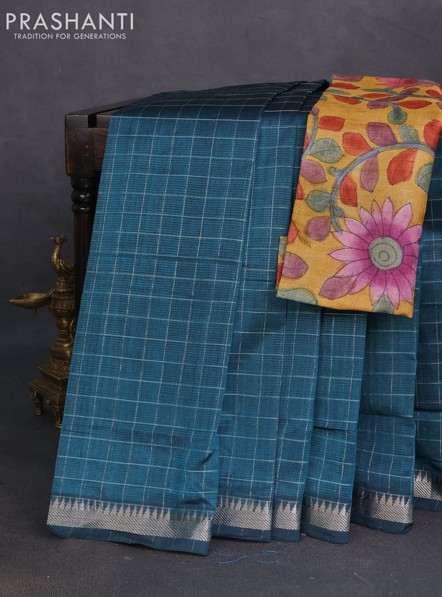Mangalgiri silk cotton saree peacock green and mustard yellow with allover zari checked pattern and silver zari woven border