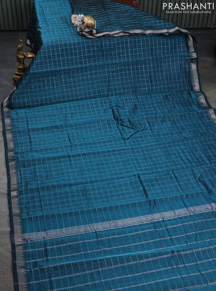 Mangalgiri silk cotton saree peacock green and mustard yellow with allover zari checked pattern and silver zari woven border