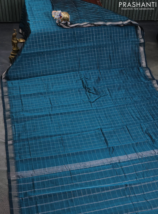 Mangalgiri silk cotton saree peacock green and mustard yellow with allover zari checked pattern and silver zari woven border